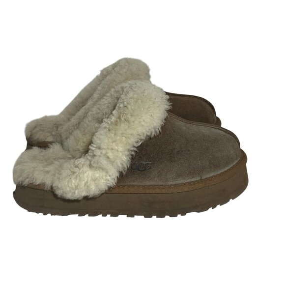 UGG Women’s US 9.5 DISQUETTE CHESTNUT SUEDE SHEARLING COMFORT SLIPPERS Platform - Picture 1 of 11